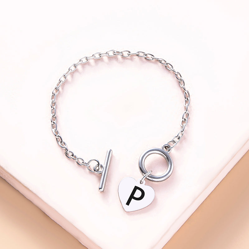 Silver Color Link Chain OT Buckle Clasp Bracelet 26 Initial Letter Heart Charms