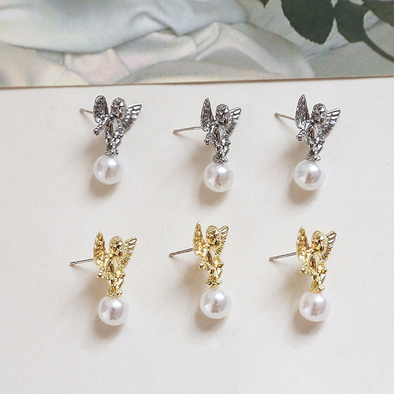 Retro Baroque angel wings pearl stud S925 silver DIY handmade earrings accessories