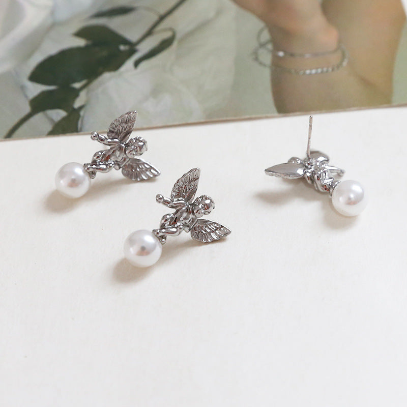 Retro Baroque angel wings pearl stud S925 silver DIY handmade earrings accessories