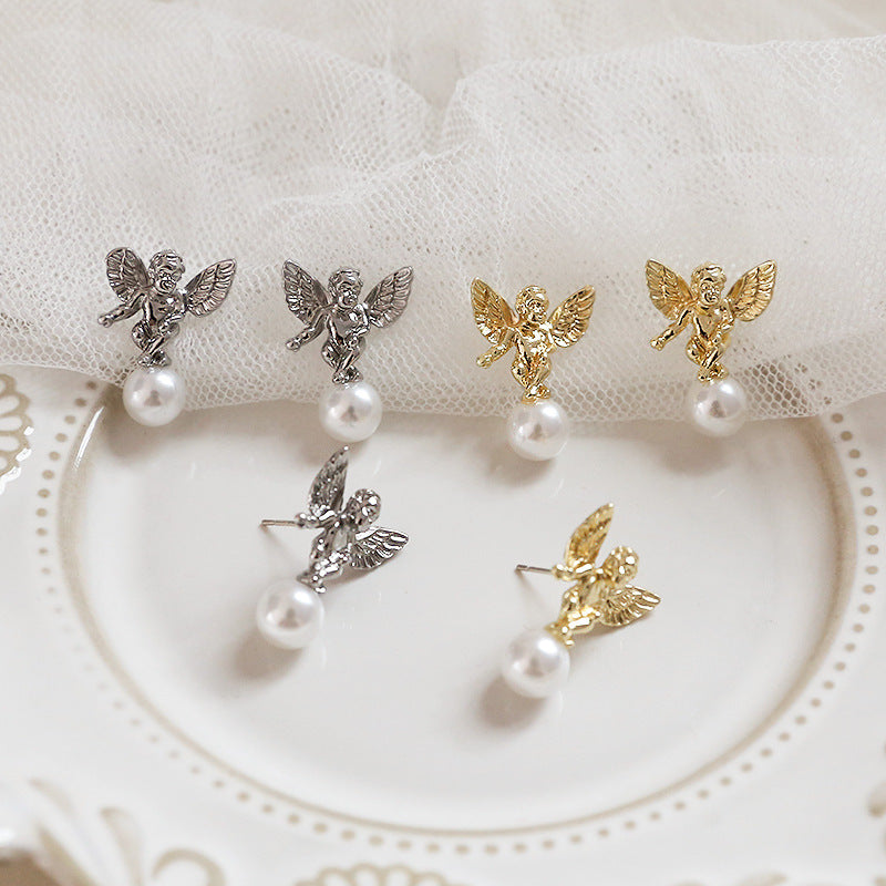 Retro Baroque angel wings pearl stud S925 silver DIY handmade earrings accessories