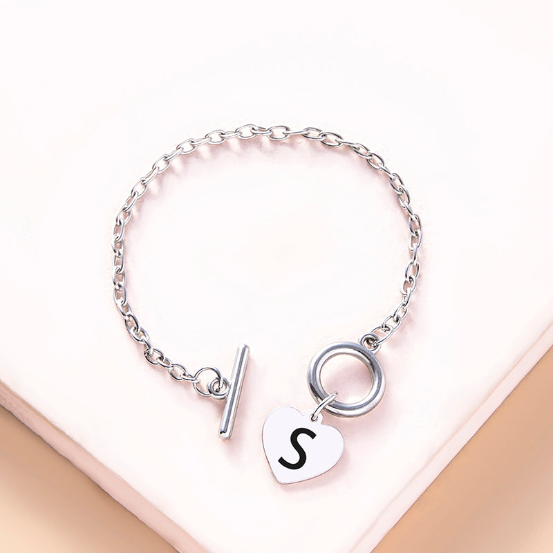 Silver Color Link Chain OT Buckle Clasp Bracelet 26 Initial Letter Heart Charms