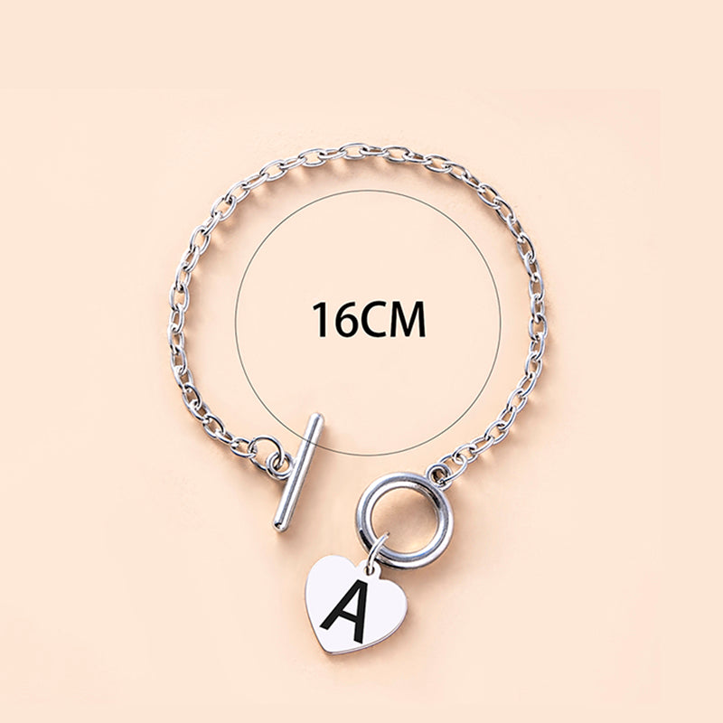 Silver Color Link Chain OT Buckle Clasp Bracelet 26 Initial Letter Heart Charms