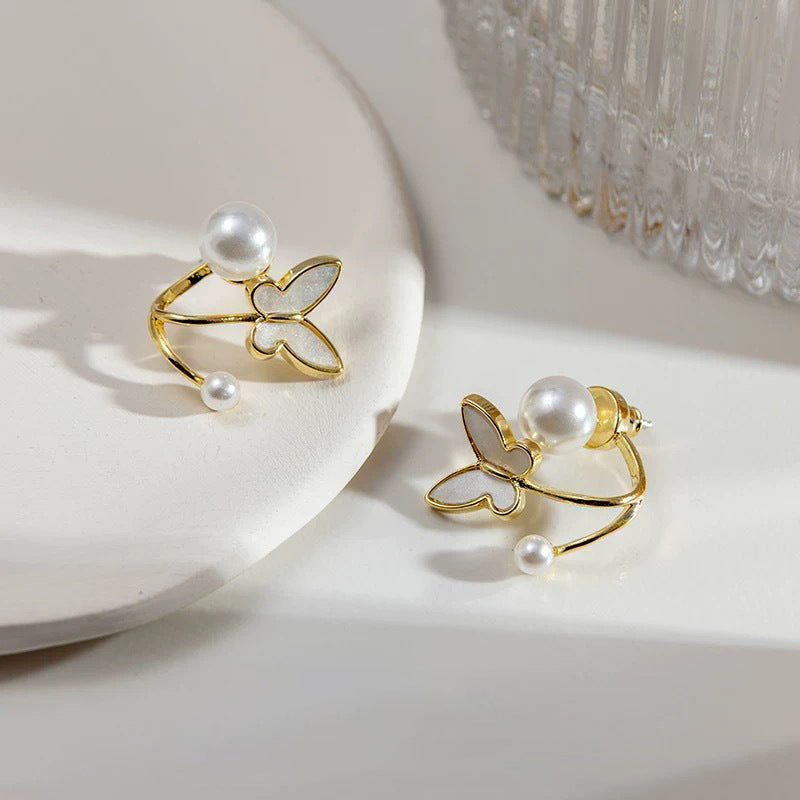 S925 Silver Needle Butterfly Pearl Earrings