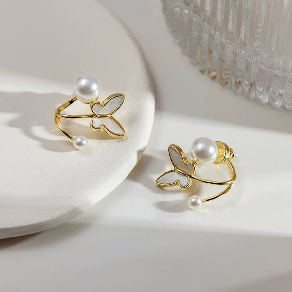 S925 Silver Needle Butterfly Pearl Earrings