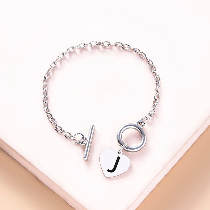 Silver Color Link Chain OT Buckle Clasp Bracelet 26 Initial Letter Heart Charms