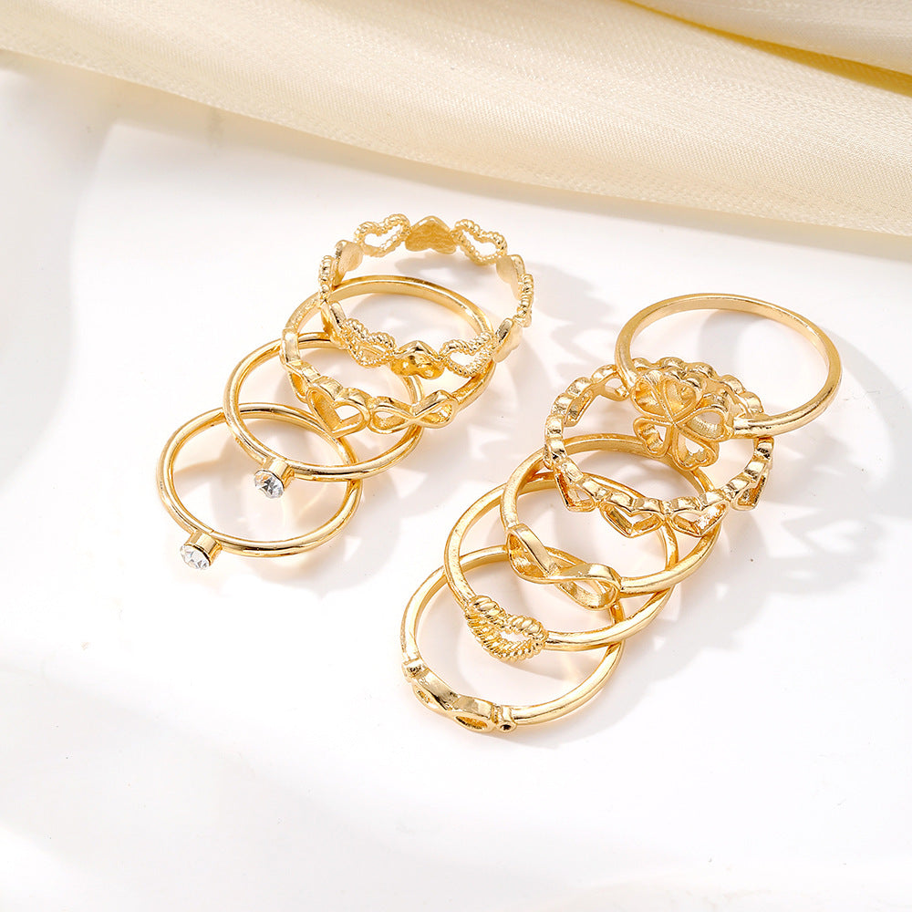 Gold Color Heart Rings 9pcs Sets For Women Vintage Hollow Irregular Geometric Butterfly Finger Rings Fashion Jewelry Accessories Gif