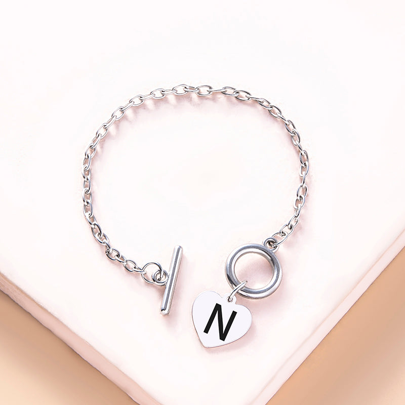 Silver Color Link Chain OT Buckle Clasp Bracelet 26 Initial Letter Heart Charms