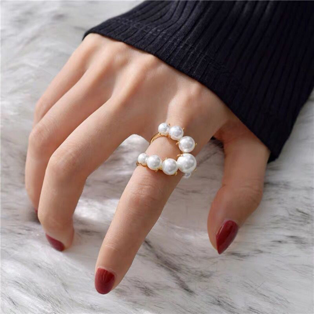 Fashion Big Geometric Pearl Paved Rings For Women New Jewelry Personality Statement Adjustable Ring