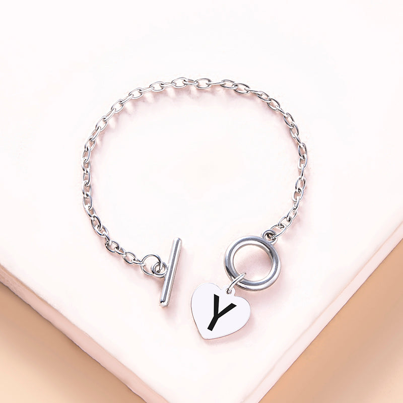Silver Color Link Chain OT Buckle Clasp Bracelet 26 Initial Letter Heart Charms
