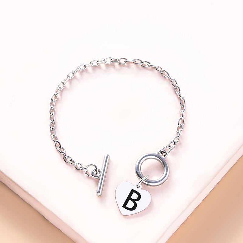 Silver Color Link Chain OT Buckle Clasp Bracelet 26 Initial Letter Heart Charms