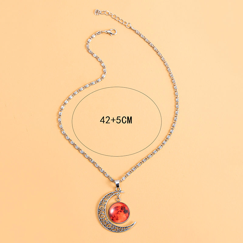 Vintage Galaxy Planet Mars Luminous Necklace Handmade Glowing Red Glass Charm Moon Pendant Necklaces
