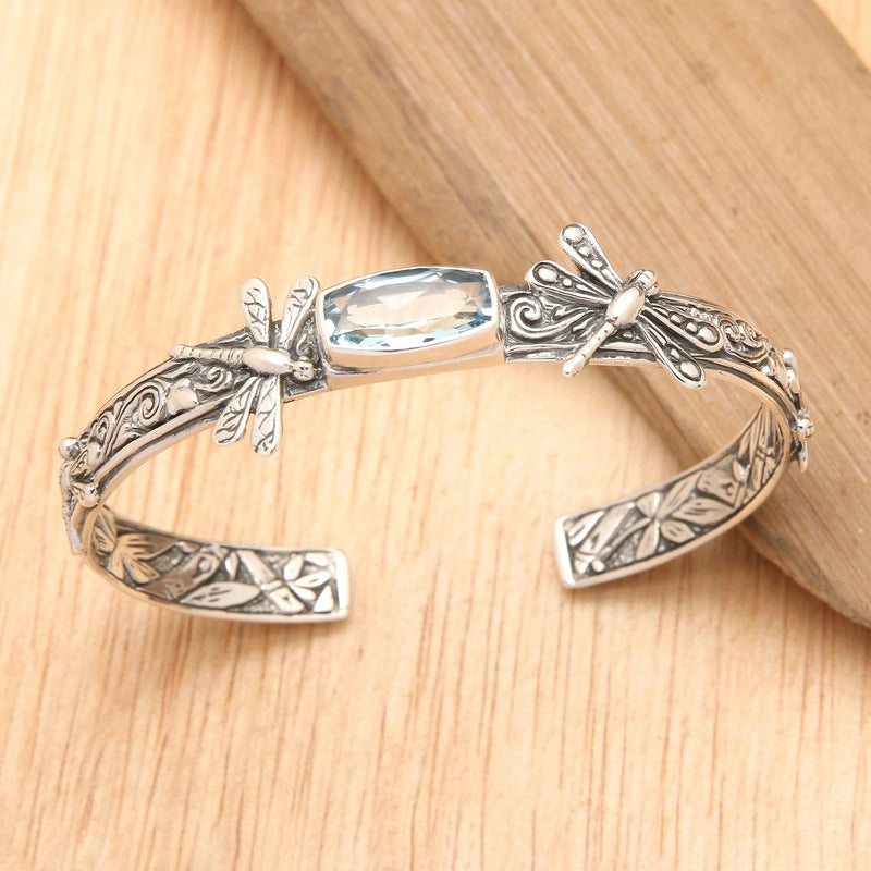 Retro Floral Dragonfly Open Cuff Bracelet