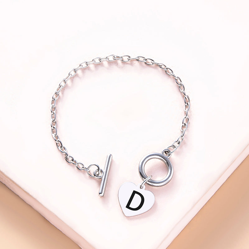 Silver Color Link Chain OT Buckle Clasp Bracelet 26 Initial Letter Heart Charms