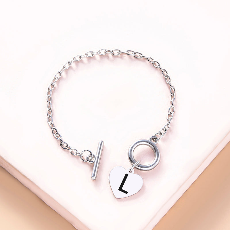 Silver Color Link Chain OT Buckle Clasp Bracelet 26 Initial Letter Heart Charms