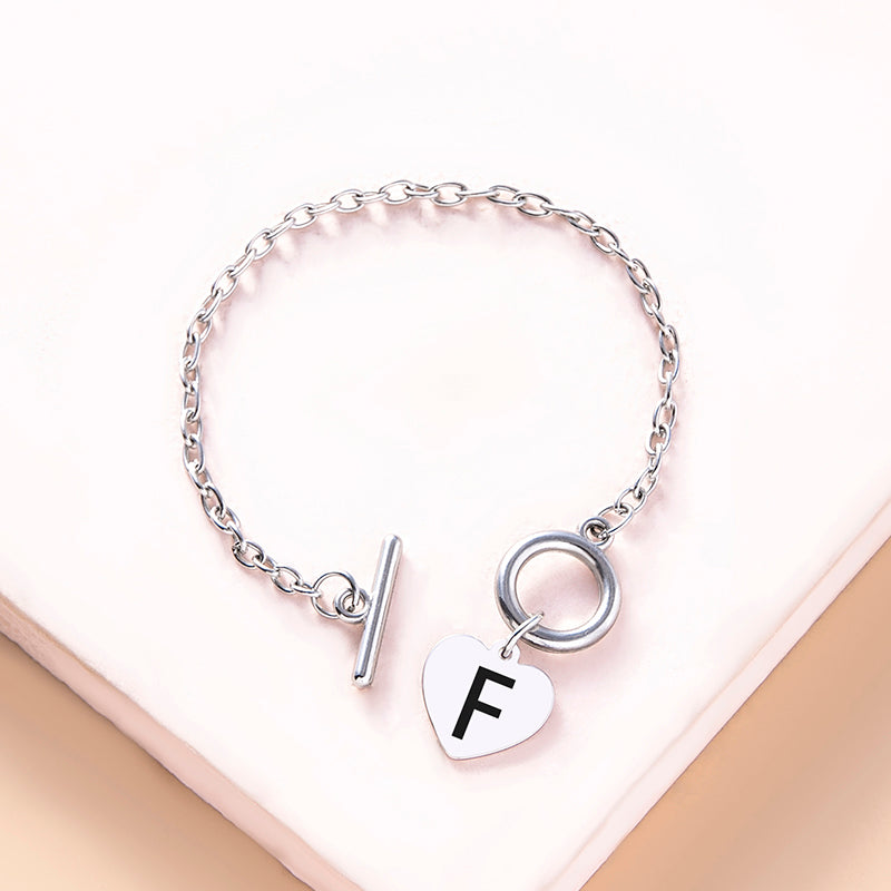 Silver Color Link Chain OT Buckle Clasp Bracelet 26 Initial Letter Heart Charms