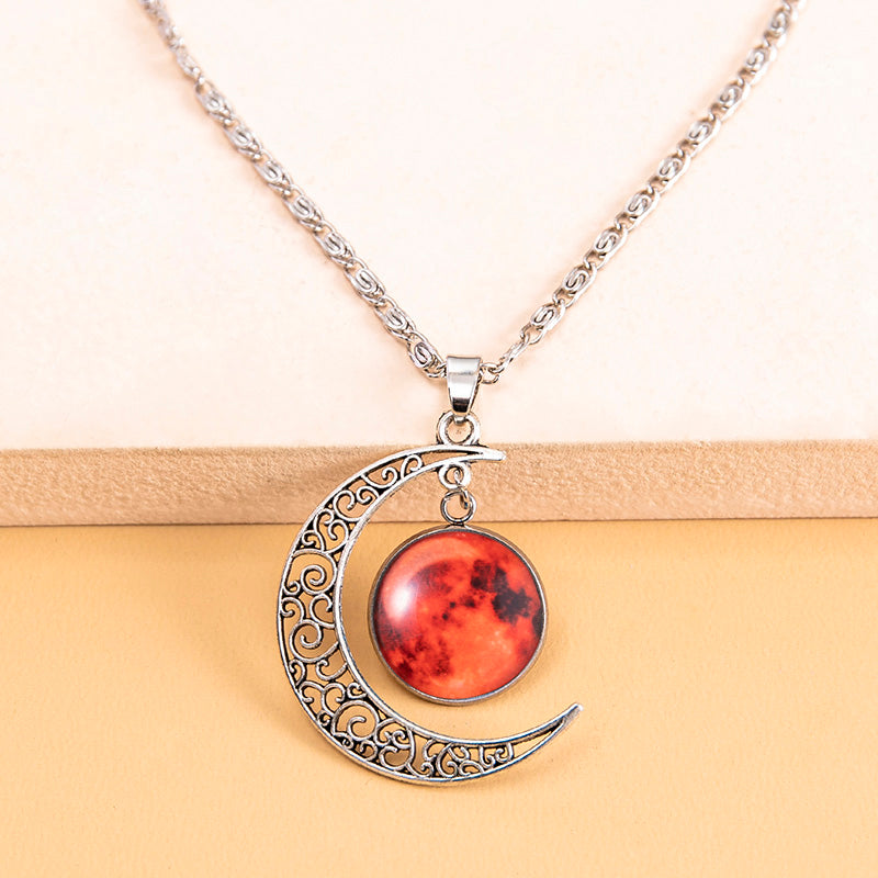Vintage Galaxy Planet Mars Luminous Necklace Handmade Glowing Red Glass Charm Moon Pendant Necklaces
