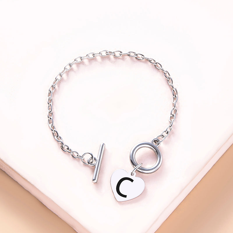 Silver Color Link Chain OT Buckle Clasp Bracelet 26 Initial Letter Heart Charms