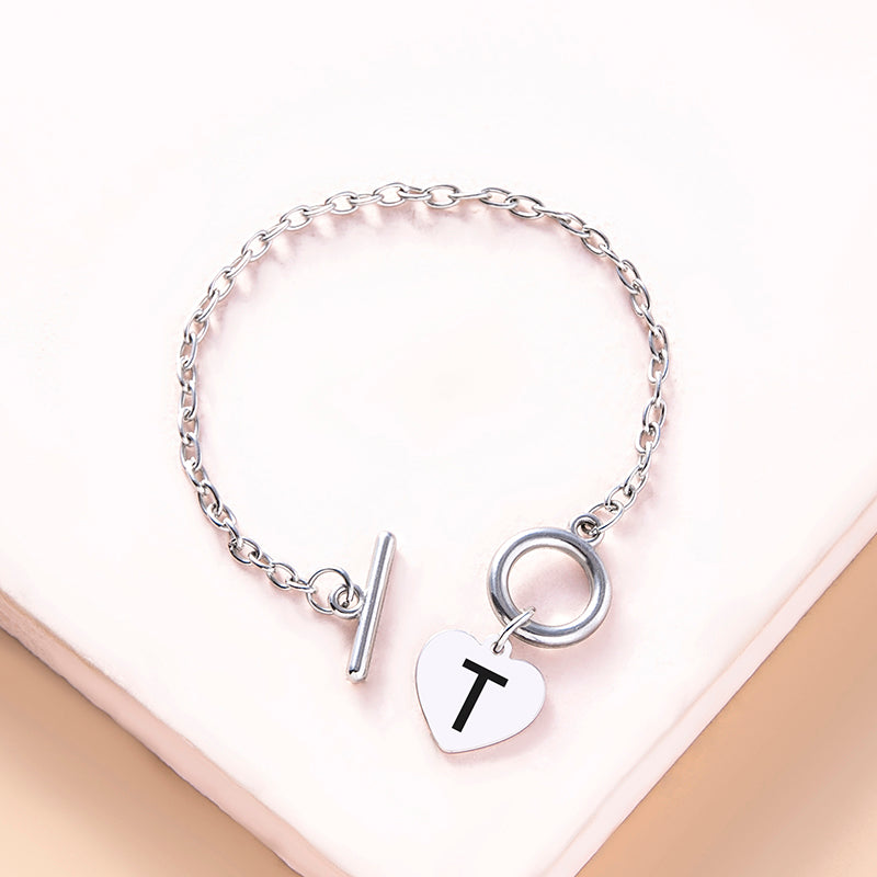 Silver Color Link Chain OT Buckle Clasp Bracelet 26 Initial Letter Heart Charms