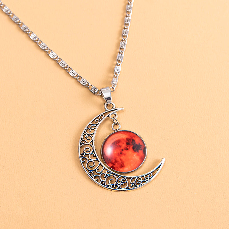 Vintage Galaxy Planet Mars Luminous Necklace Handmade Glowing Red Glass Charm Moon Pendant Necklaces