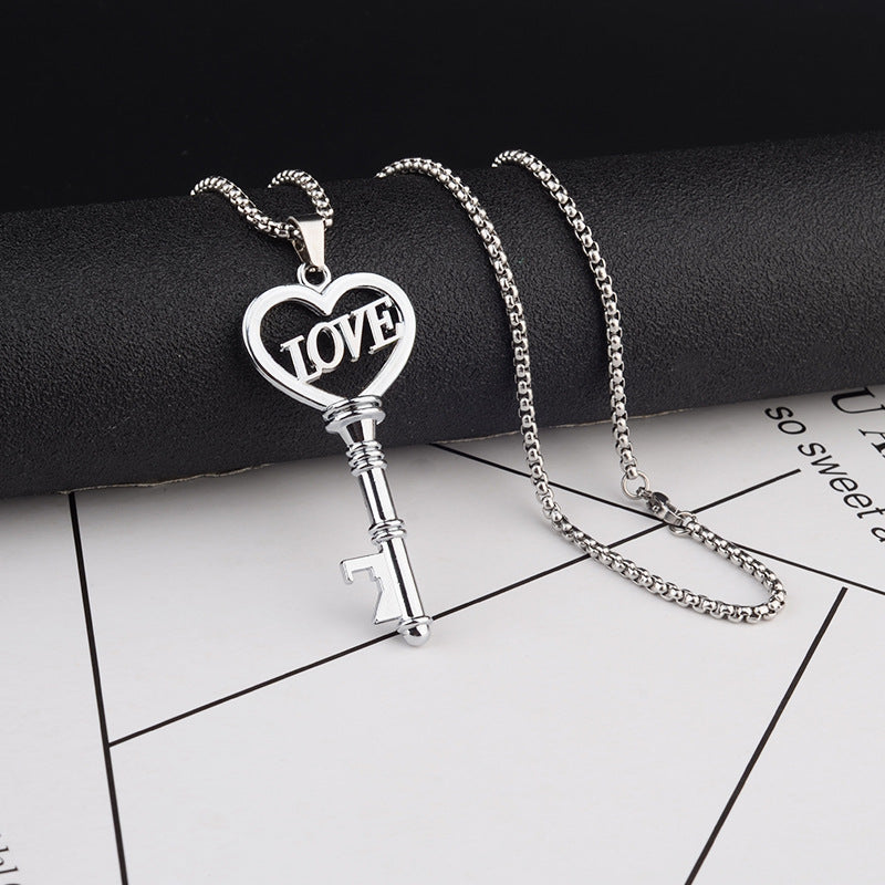 Stainless Steel Necklaces Sweet Heart Key Pendants