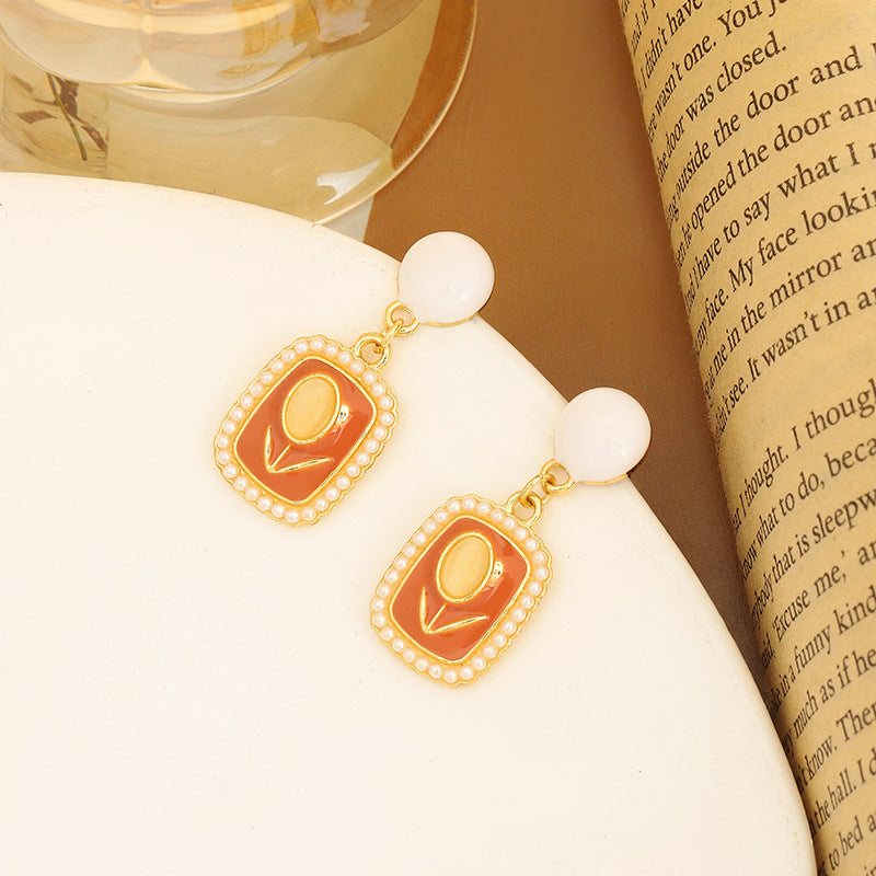 S925 Tulip Opal Stone Ear Studs Cube Sugar Pearl French Vintage Earrings Cream Color