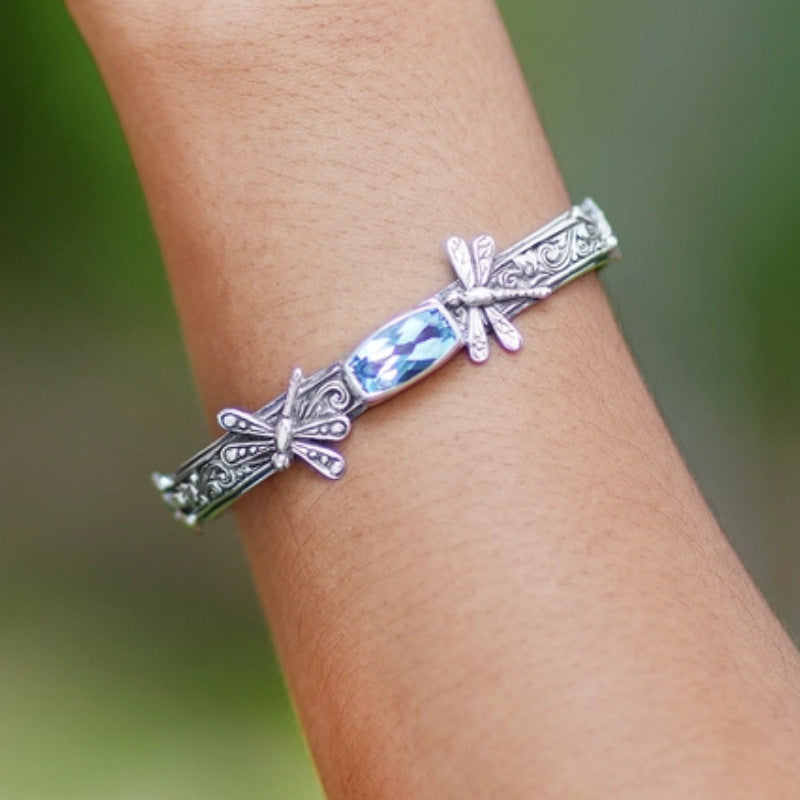 Retro Floral Dragonfly Open Cuff Bracelet