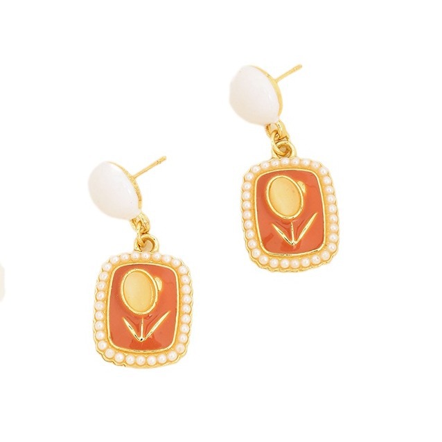 S925 Tulip Opal Stone Ear Studs Cube Sugar Pearl French Vintage Earrings Cream Color