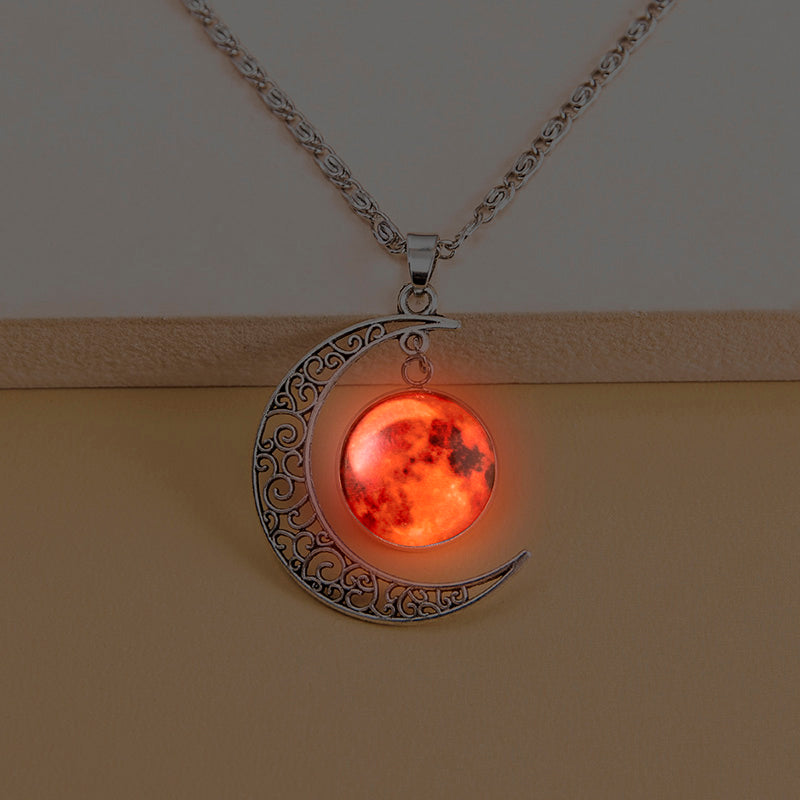 Vintage Galaxy Planet Mars Luminous Necklace Handmade Glowing Red Glass Charm Moon Pendant Necklaces