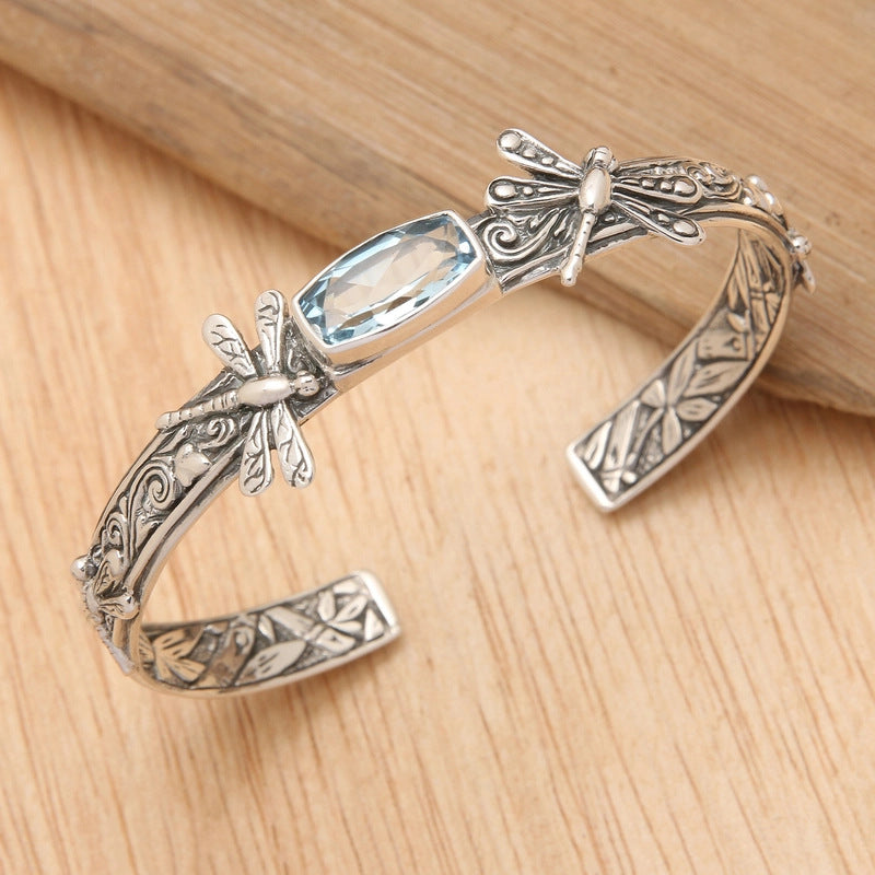 Retro Floral Dragonfly Open Cuff Bracelet